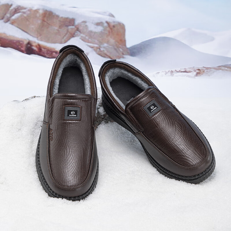 泰和源老北京布鞋男棉鞋冬季一脚蹬加绒加厚爸爸鞋防滑保暖仿皮休闲鞋 棕色69980 44