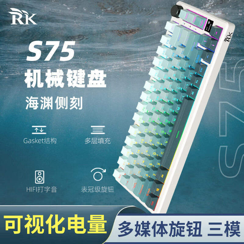 RK S75机械键盘 有线游戏键盘 客制化键盘 三模 2.4G无线 蓝牙  75配列 RGB背光 海渊侧刻(碧螺轴)RGB 三模(有线/蓝牙/2.4G) 75%配列(81键)