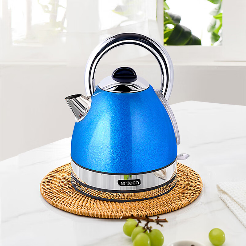 一特(EnTech)1800W快速烧水壶家用高颜值电热水壶大容量分体式加厚304不锈钢大功率插电烧水自动断电防干烧 1.7L 专柜款-海洋蓝(带水窗)