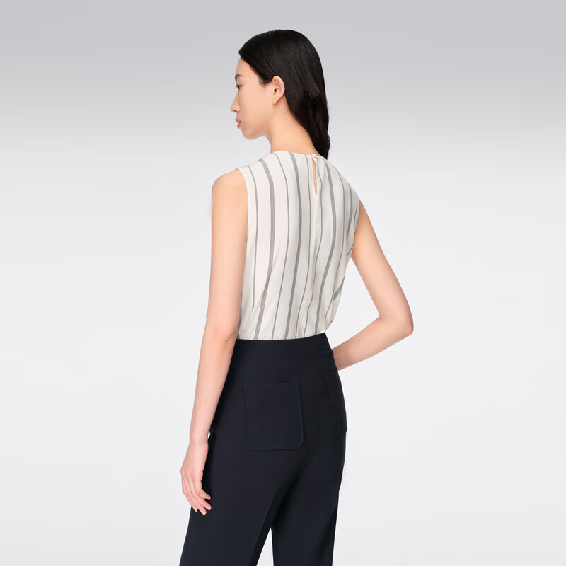 OVV【重磅真丝】2024春夏新款女装22MM素绉缎飘带无袖衬衫 藏青 S