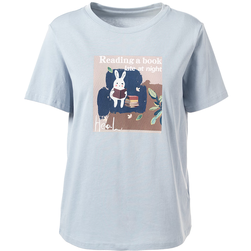 百图betu女装夏季新款T恤印花百搭圆领正肩宽松短袖T恤女2403T28 蓝色 M