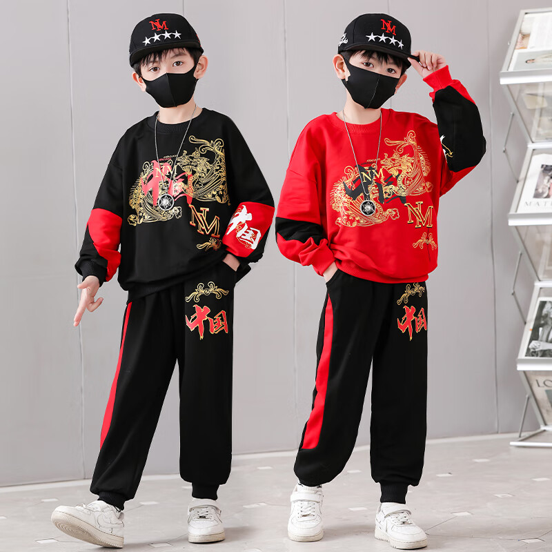 宇龙童话童装男童套装春秋装儿童中国风国潮红色男孩帅气运动秋款衣服 黑色春秋套装（衣服裤子） 170