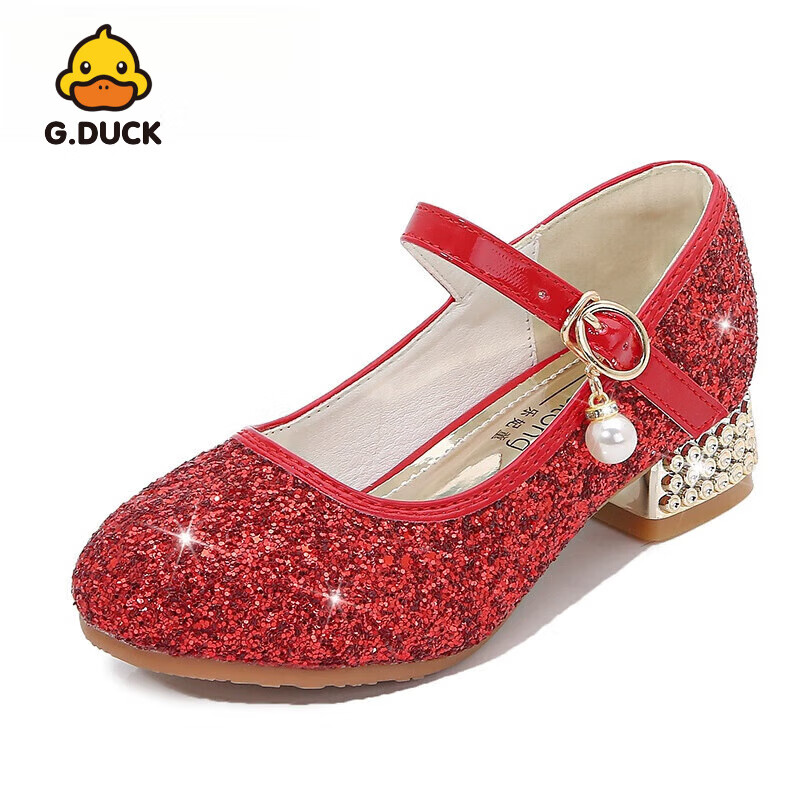 G.duck小黃鴨女童高跟鞋百搭新款女童鞋時(shí)尚走秀演出兒童銀色水晶公主鞋 紅色 23碼