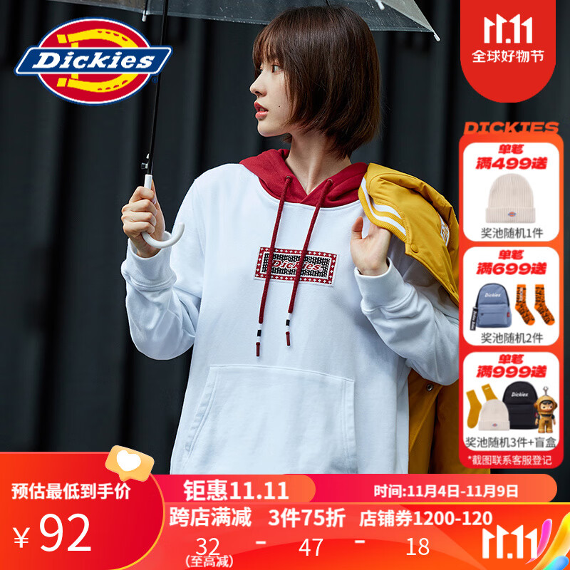 dickies【商场同款】 字母图案绣花徽章连帽卫衣女士秋冬套头上衣 9527 白色 M