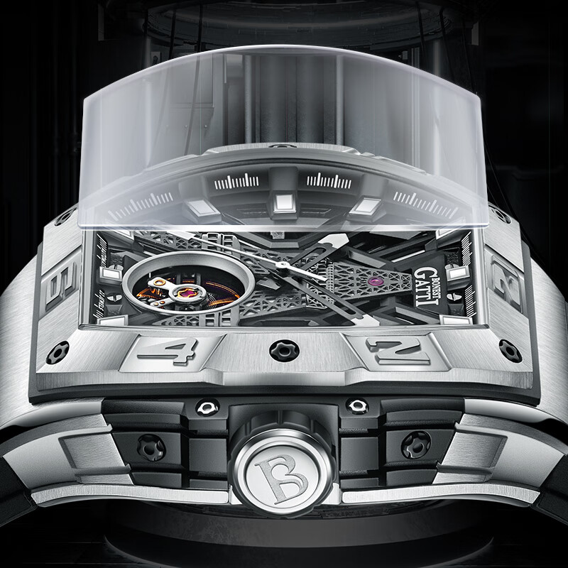 布加迪（BONEST GATTI）德国手表男士全自动机械名表夜光镂空腕表情人节新年礼物送男友 BG5001-R2 银壳黑面黑胶带