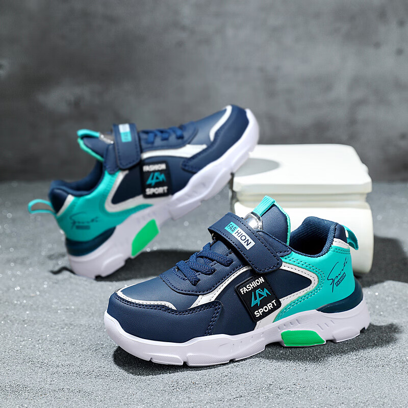 贝天熊春秋中大童鞋男童双网透气运动鞋女童网鞋小白鞋789岁小男孩皮面 BRH1910深蓝【皮面】 36码 内长22.6/脚21.6