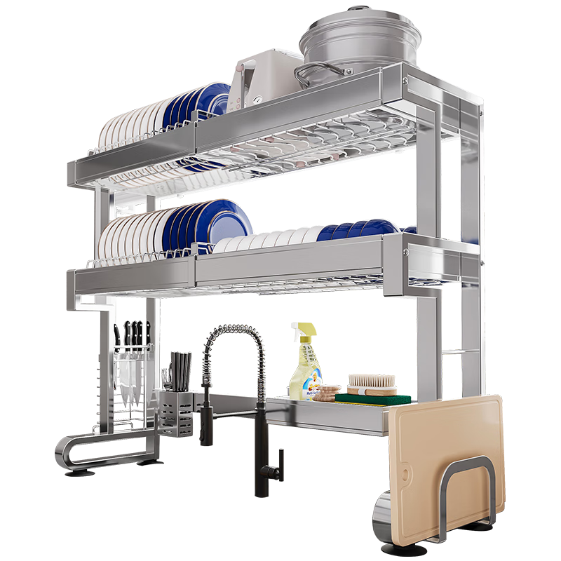 四季沐歌304不锈钢厨房水槽置物架碗碟用具洗碗架沥水架可伸缩水池收纳架 【雅黑】双层86cm长套装