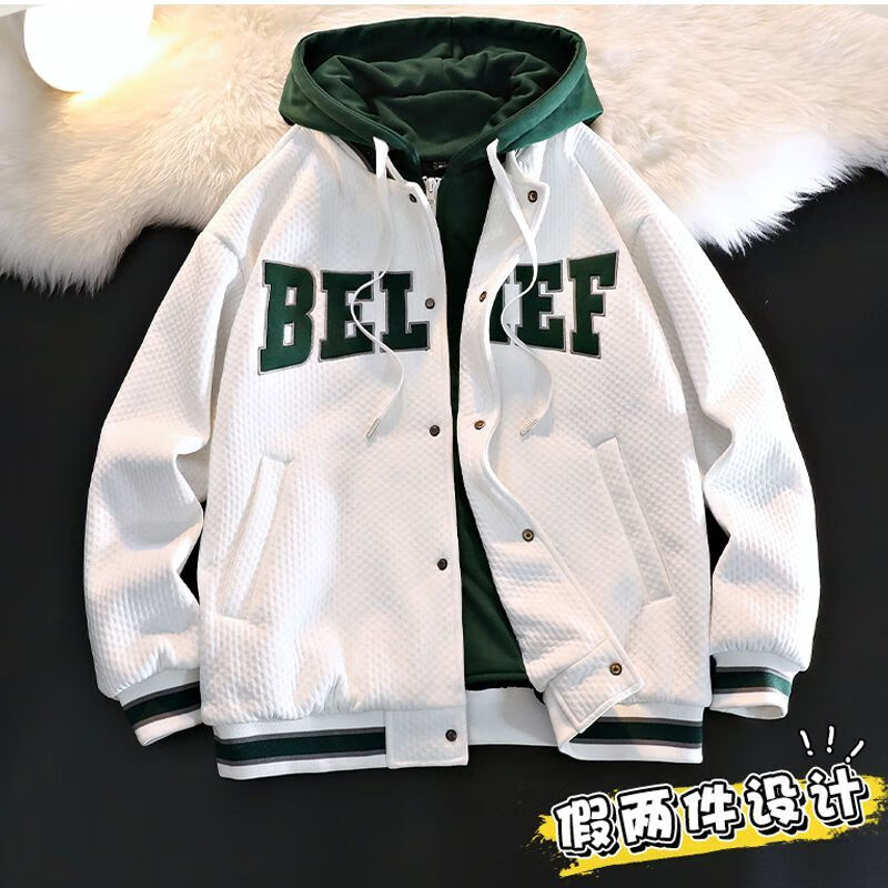 乐拓健中长款呢子秋冬季假两件美式连帽服男春秋季休闲夹克韩版潮流痞