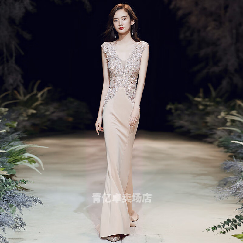 品莠晚禮服女2022新款高端氣質(zhì)顯瘦2022夏季宴會氣場女王氣質(zhì)性感魚尾 杏色魚尾長款 m