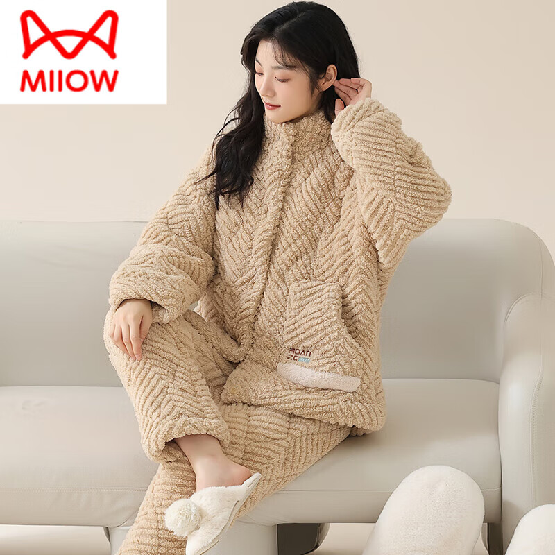 貓人（MiiOW）珊瑚絨三層夾棉加厚睡衣女冬季加絨保暖女士家居服冬天2024年新款 A081# M