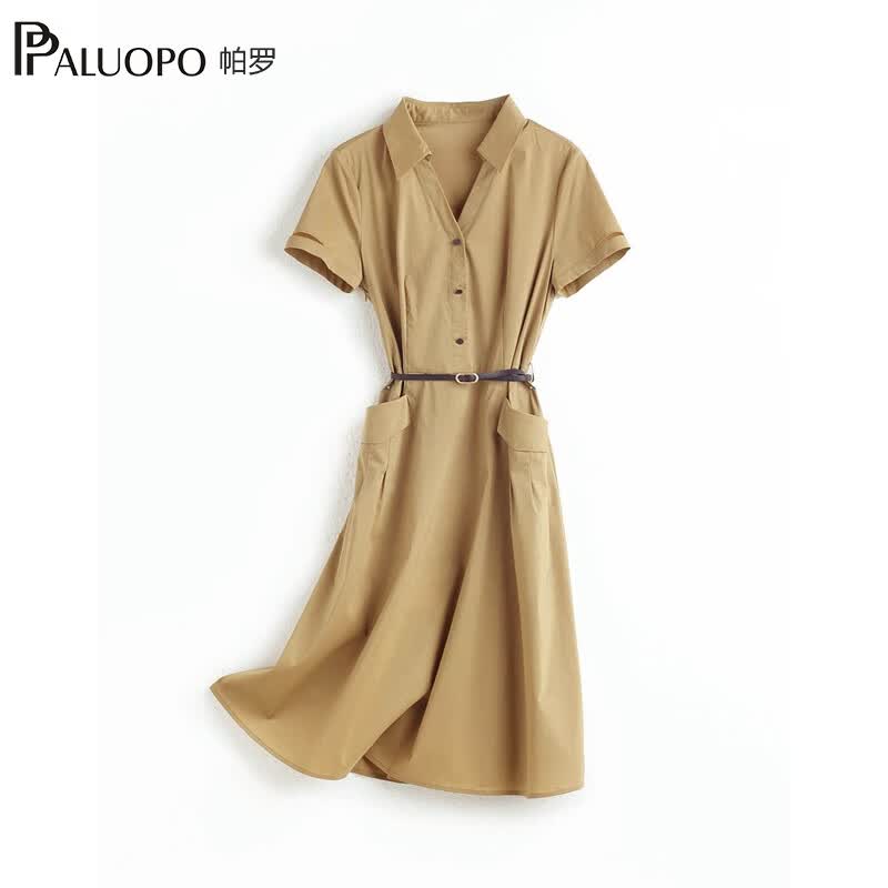 帕罗（PALUOPO）连衣裙短袖衬衫领中长款夏季气质显瘦棉混纺百搭女装新款 卡其 L (165/88A)