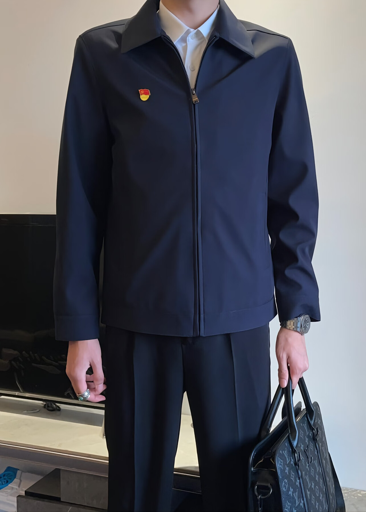 领导干部服装行政夹克外套修身百搭复古男翻领商务青年公务衫爸爸