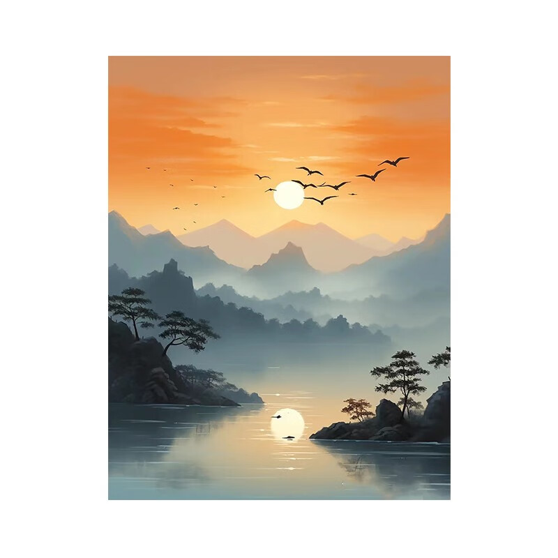 艺幻旭日东升玄关装饰画飞鸟山水风景纯手绘油画中式水墨禅意玄关挂画
