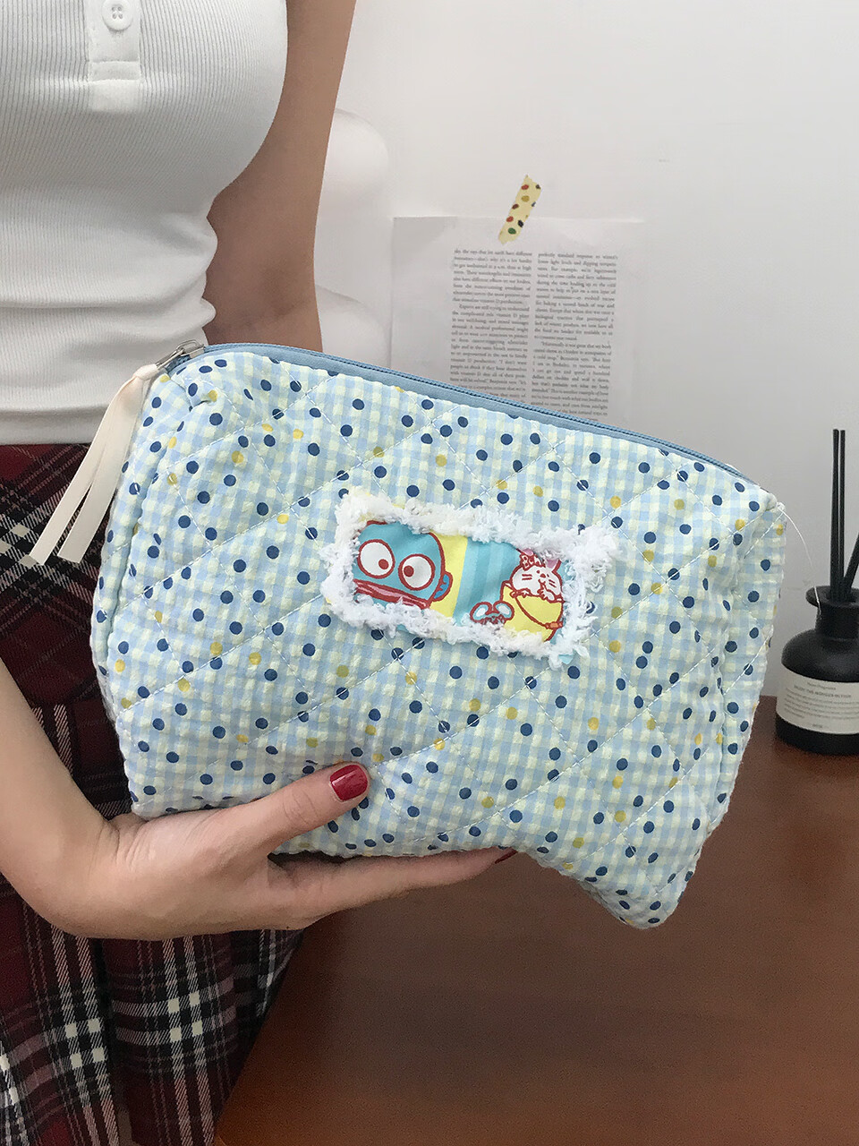 化妆包女化妆品包轻骑可携式布艺大容量旅行收纳 自制可爱蓝色点点 好