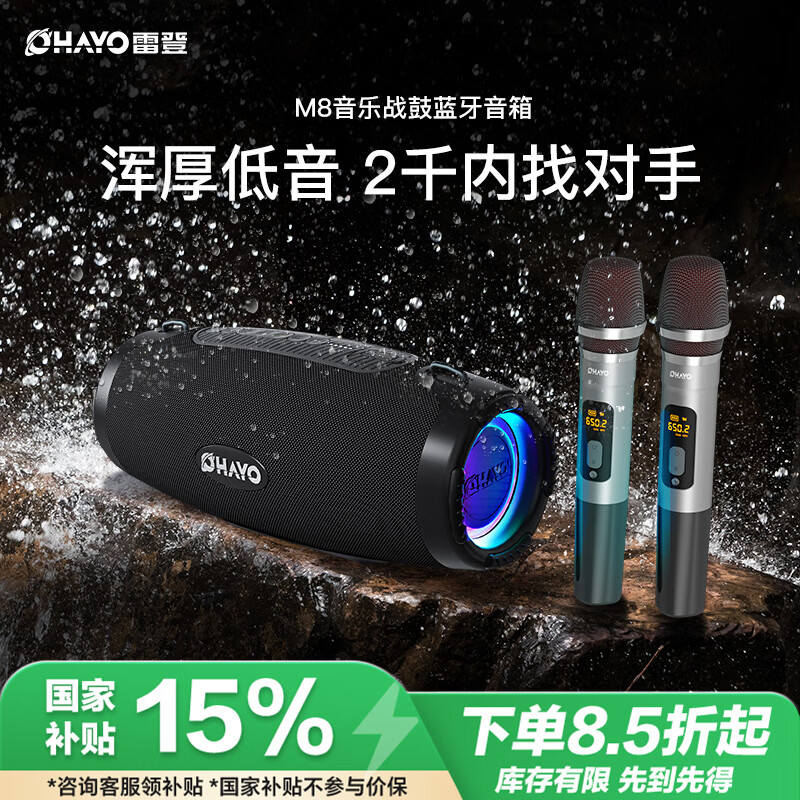 雷登（OHAYO）M8户外K歌音响100W蓝牙音箱声卡一体机大功率三喇叭双振膜立体声重低音炮混响广场舞直播送双麦