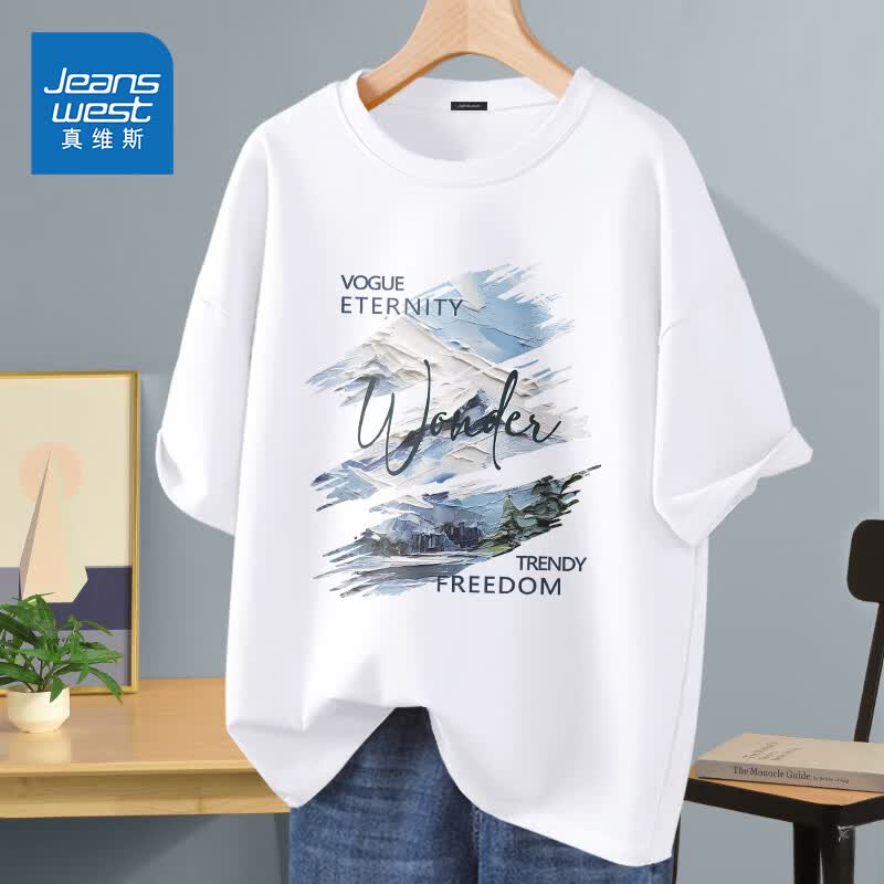 真维斯（Jeanswest）短袖t恤男纯棉2026春夏新款青少年半截袖美式高街重磅潮牌打底衫 白色(雪山森林) L (175) (收藏加购优先发)