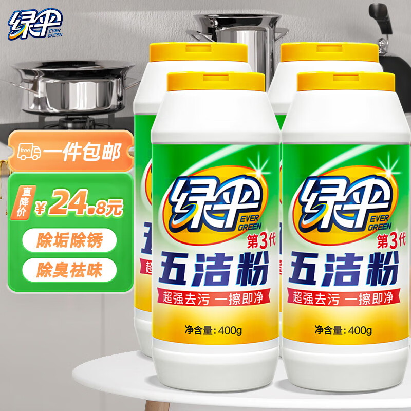绿伞五洁粉 除锈锅底黑垢  厨房油污抛光剂 不锈钢水槽清洁剂 去污粉 【家庭装】400g*4瓶 | 增白增亮