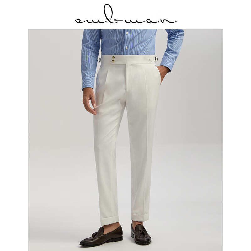 十米布（SHIMIBUman）那不勒斯白色西裤男商务细斜纹巴黎扣意式修身双扣休闲裤子 白色 30