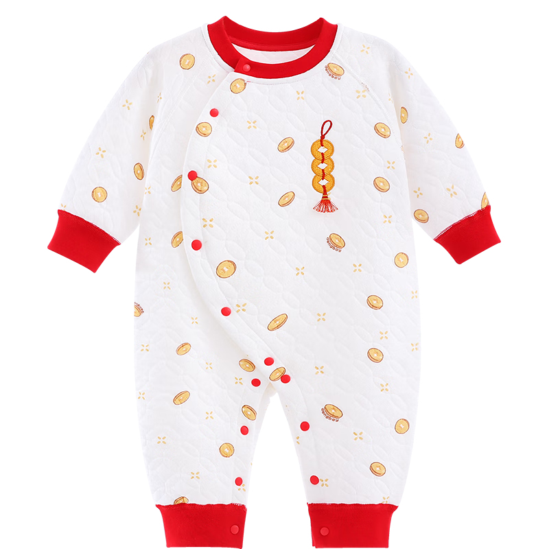 Aengbay昂贝 婴儿连体衣秋冬款夹棉保暖内衣满月过年服宝宝衣服拜年服 财源滚滚 73cm