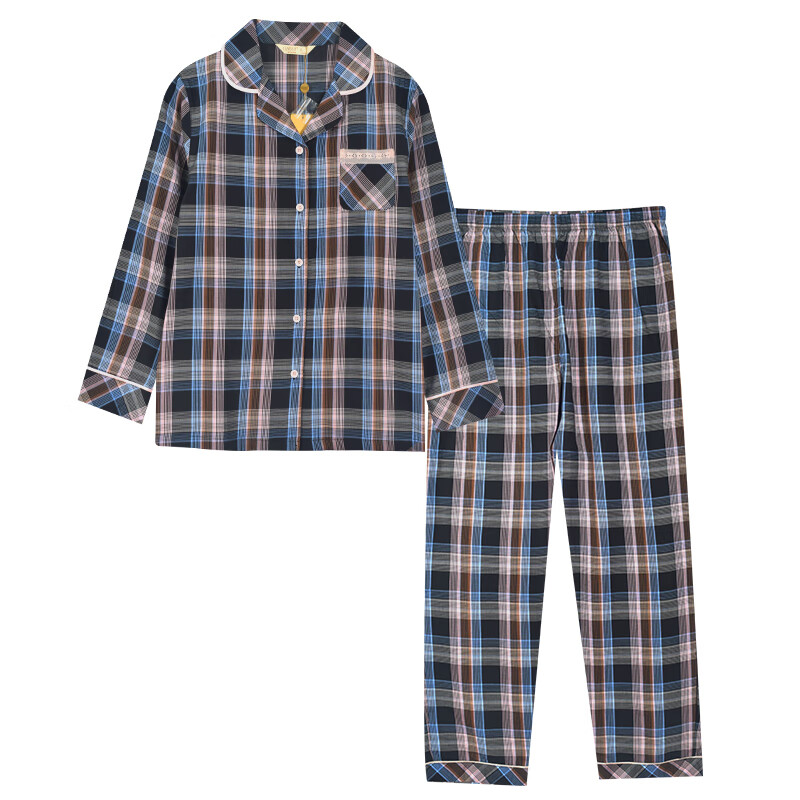 绮瑞家居服新款春秋长袖梭织棉套装春季格子纯棉睡衣女居家服 灰蓝-男款 XXXL