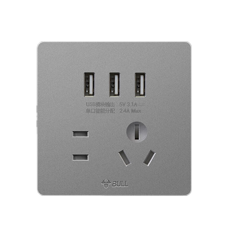 公牛 装饰开关面板86型暗装墙壁开关五位带3usb g25e536灰