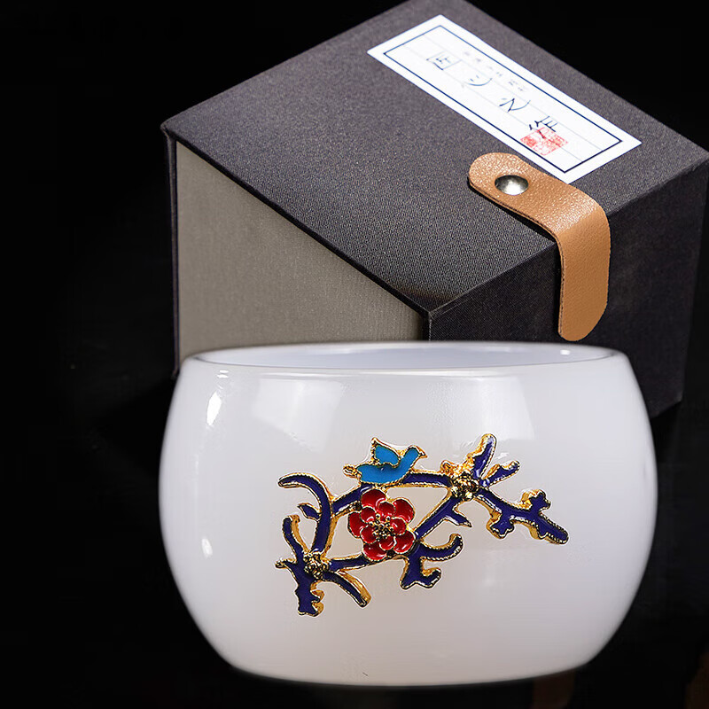 iosn轻奢琉璃彩茶杯珐琅彩白玉瓷主人杯个人专用琉璃单个装景泰蓝茶盏