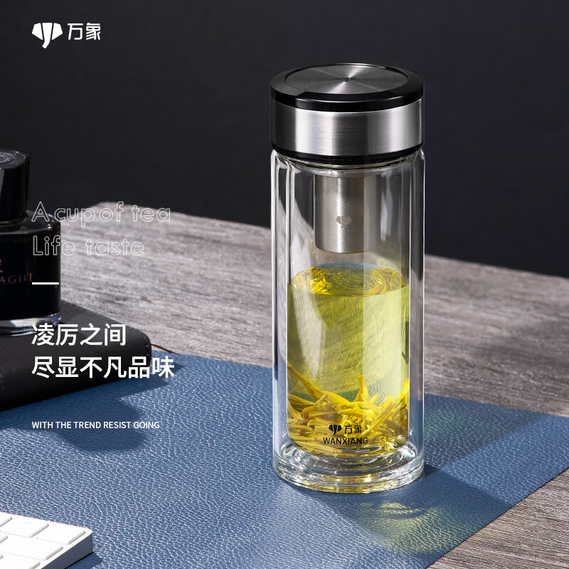 万象（WANXIANG）双层玻璃杯大容量高颜值简约商务泡茶杯带盖高硼硅玻璃杯车载便携 V49L-钛黑色 410ml