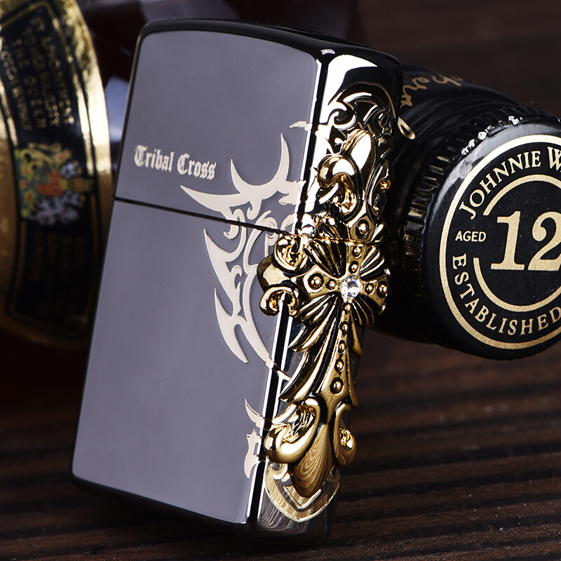 zippo之宝煤油防风打火机韩版三面镶钻圣天十字架古银侧十字送男士