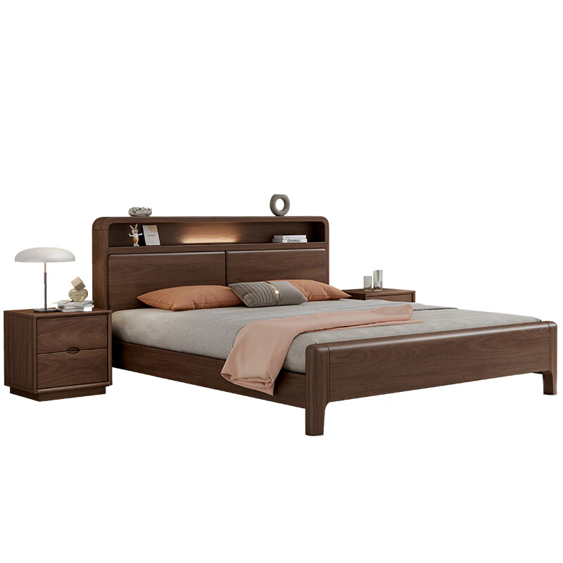 优卡吉黑胡桃木实木床北欧风主卧储物双人床NJ-4906# 1.8米框架床+床垫