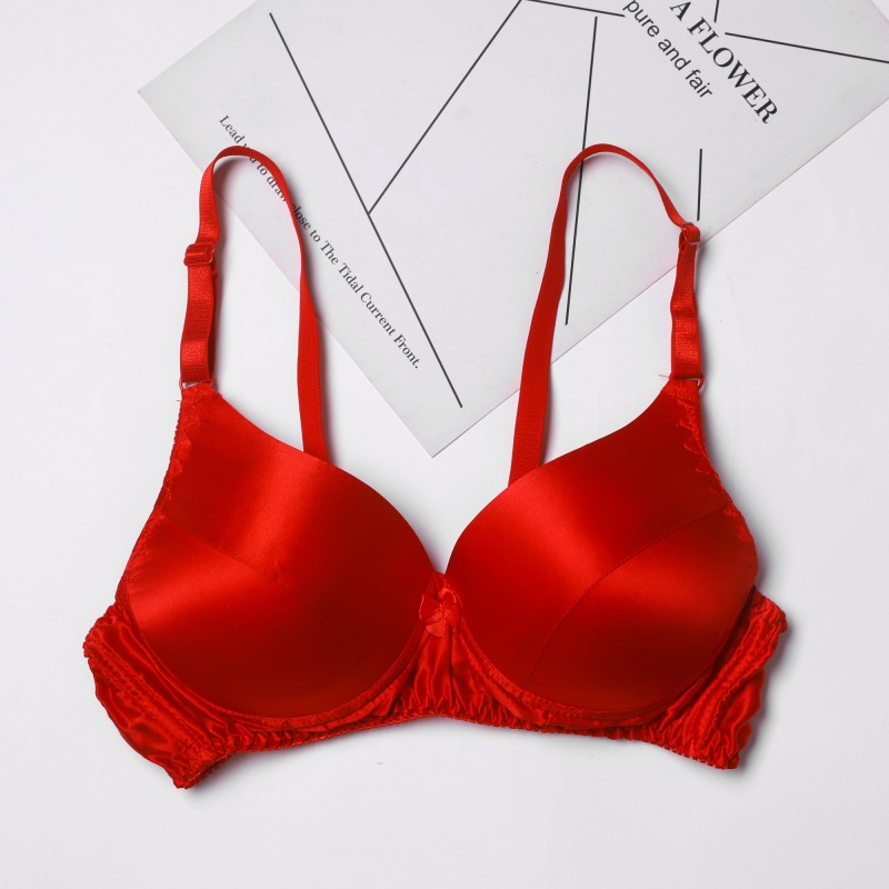 芙双面仿真丝文胸薄款无钢圈胸罩大码色无痕乳罩仿桑蚕丝内衣女 红色