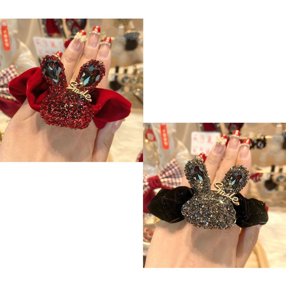 jack viney年丝绒红色水钻兔子发圈高弹力女绑头发皮套