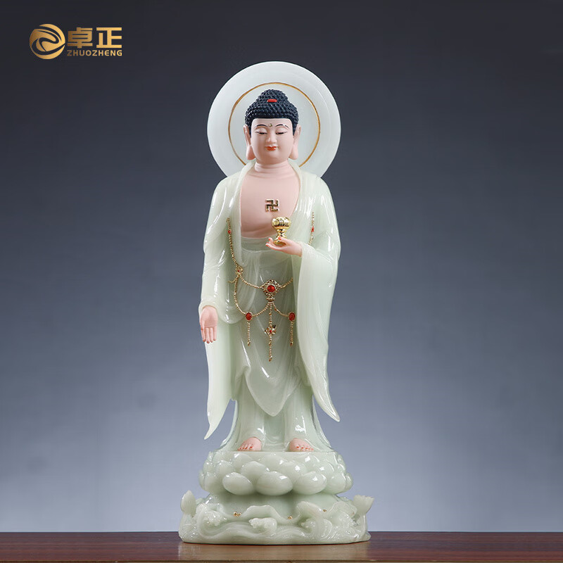 卓正翠玉镶金站像西方三圣佛像摆件汉白玉阿弥陀佛像大势至观音菩萨