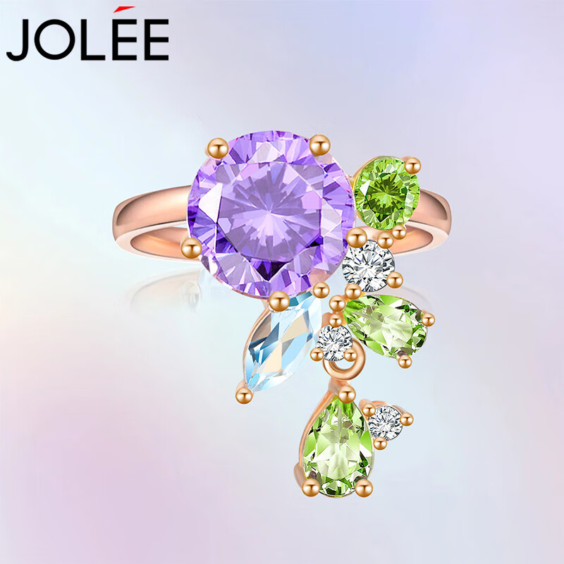 JOLEE戒指女S925银时尚天然紫水晶彩宝饰品指环均码送女生节日礼物