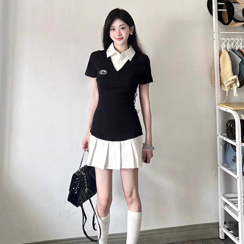 微光里韓系連衣裙女學(xué)院風(fēng)假兩件Polo針織夏季美式甜辣收腰顯瘦百褶短裙 黑色均碼【建議80-115斤】