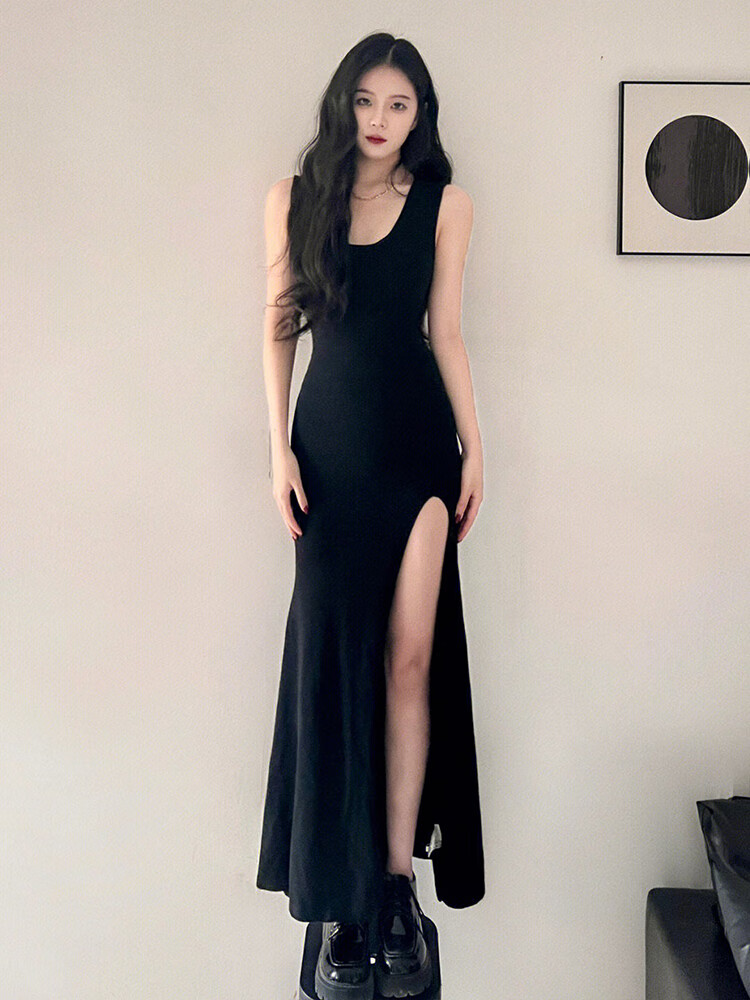 夏季女后妈包臀紧身御姐风开叉连衣裙子小黑裙显身材长裙修身显瘦