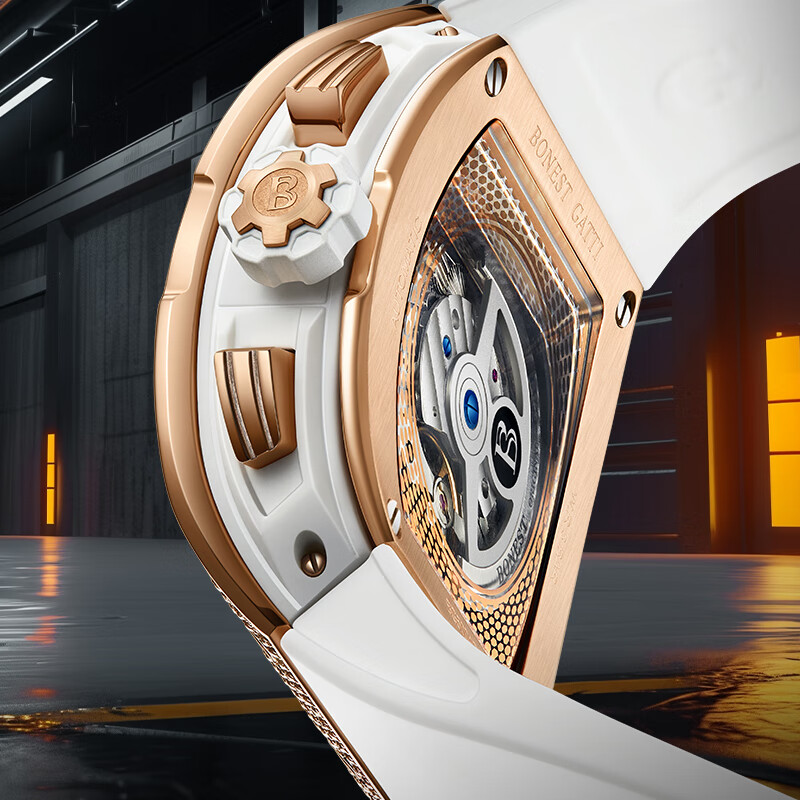 布加迪(BONEST GATTI)德国全自动机械手表镂空商务运动男士腕表情人节生日礼物送男友 BG5004-R1银壳黑面黑胶带 44mm