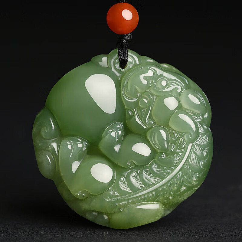 紫慕璃和田玉貔貅吊坠 晴水青玉双面雕刻抱球瑞兽玉石挂件玉坠送礼 深色厚款约35*12mm