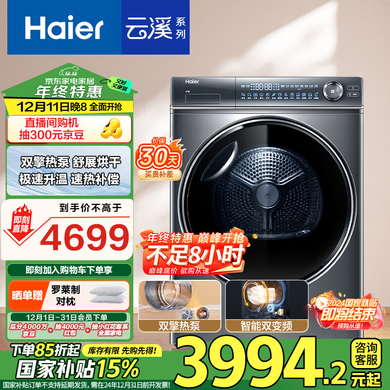 海尔（Haier）云溪376 10KG变频双擎热泵式烘干机家用烘衣机干衣机 养护空气洗 HGY100-F376U1 以旧换新