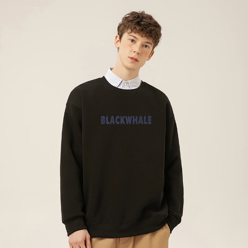 黑鲸海澜之家旗下潮牌卫衣秋冬季百搭圆领加绒加厚打底衫男 黑色 2XL