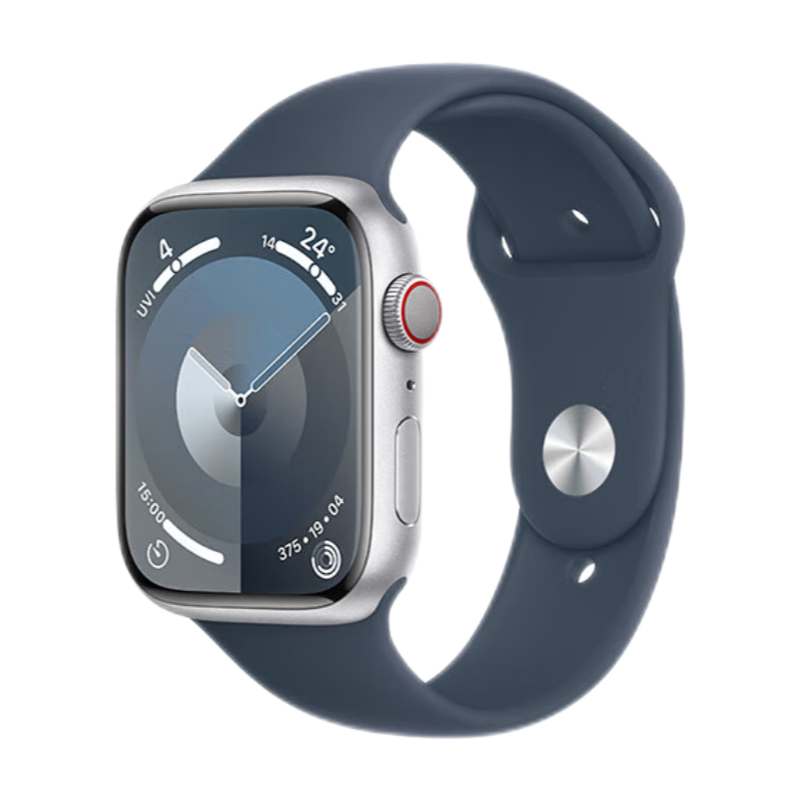 Apple/苹果 Watch Series 9 智能手表GPS+蜂窝款45毫米银色铝金属表壳风暴蓝色运动型表带S/M MRP83CH/A