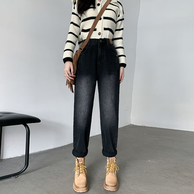 紫策加1绒老爹裤女2023搭配靴子哈伦黑灰牛仔裤秋季新款高腰显瘦宽松