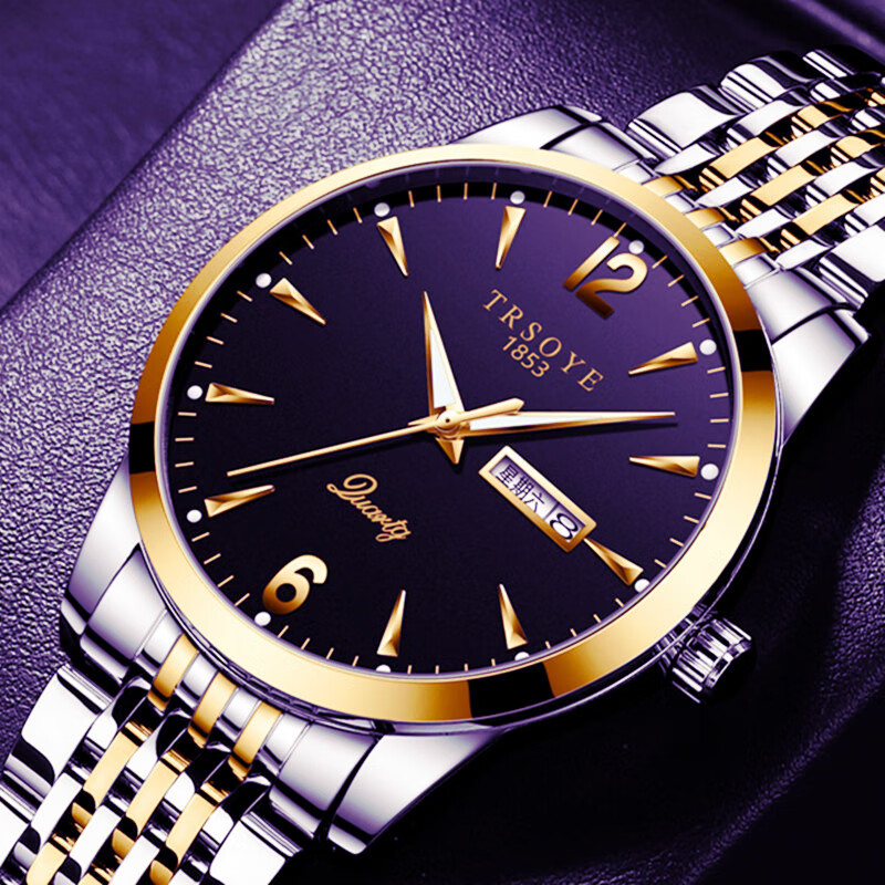 CLNAI时尚潮流男表防水夜光双日历星期钢带大气男士手表男款考试腕表 间金白面【日期+星期+夜光】 39mm