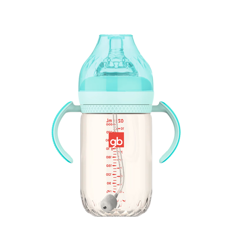 好孩子(gb)吸管奶瓶 大寶寶一歲以上3-6歲PPSU耐摔寬口徑大容量帶手柄直飲杯 【重力球吸嘴款】孔雀藍(lán) 12月+ PPSU 300ml(大奶量推薦)