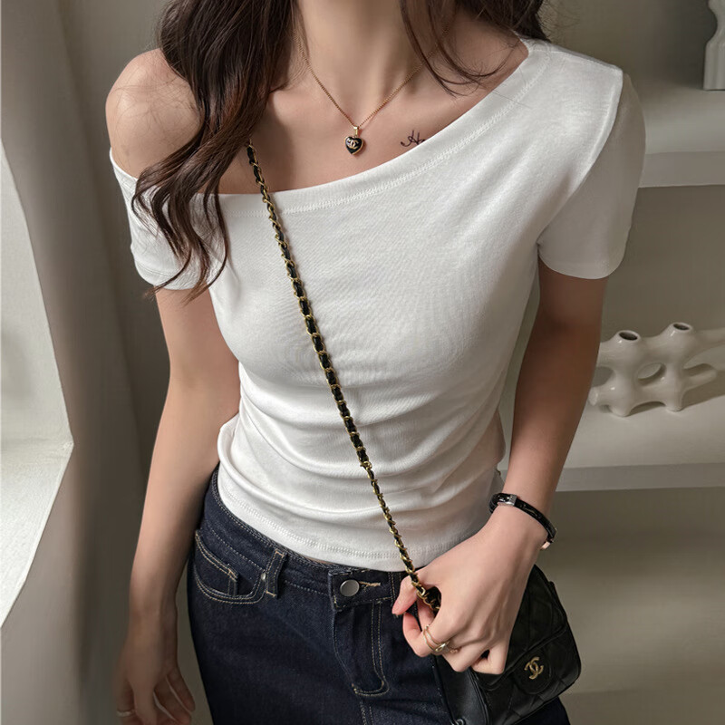 莫代尔辣妹一字领露斜肩短袖t恤女内搭修身显瘦打底弹力上衣T恤衫 黑色 M (适合体重95-115斤