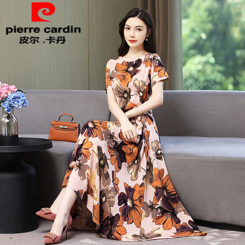 皮尔卡丹（pierre cardin）新款气质棉绸连衣裙夏季高端中年长裙子 1# XL (建议90-120斤)