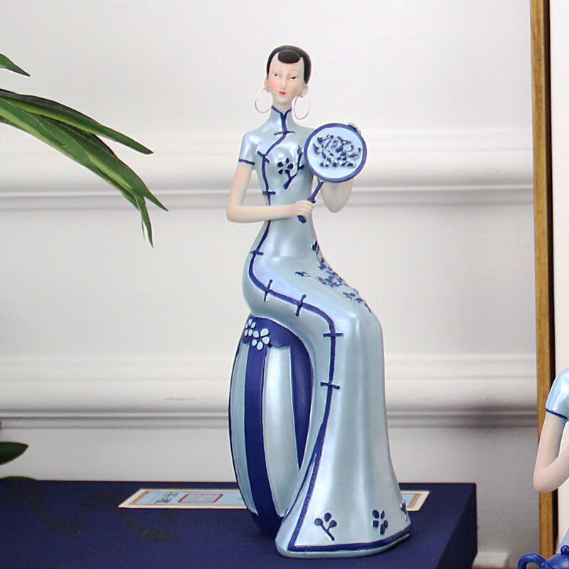 宜乐舒青花瓷人偶手办中式青花瓷旗袍仕女中国风工艺品人物雕塑客厅
