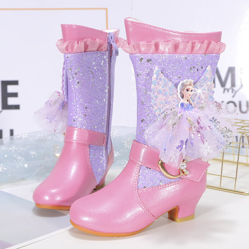 女童靴子公主靴冬季新款时尚高跟加绒儿童宝宝网红水晶鞋亮片 紫色 26