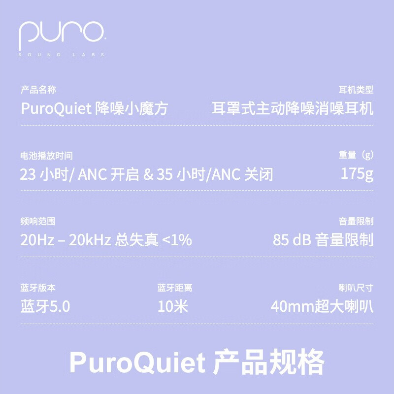 Labs Puro Sound美国 PuroQuiet-PLUS头戴式蓝牙主动降噪无线耳机儿童护耳学生网课耳麦 贴耳式不闷耳 水晶紫