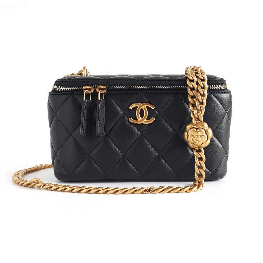 【二手95新】chanel香奈儿女士黑金羊皮山茶花扣长化妆盒链条包