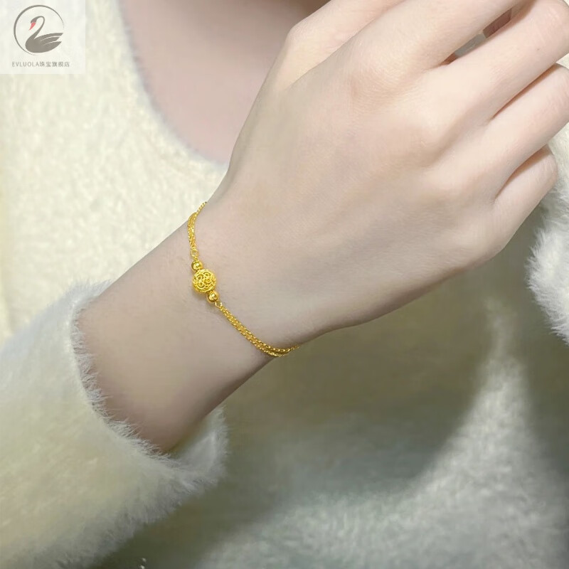 evluo la18k黄金双层转运珠手链女士新款镂空花丝圆珠仿真999足金手饰